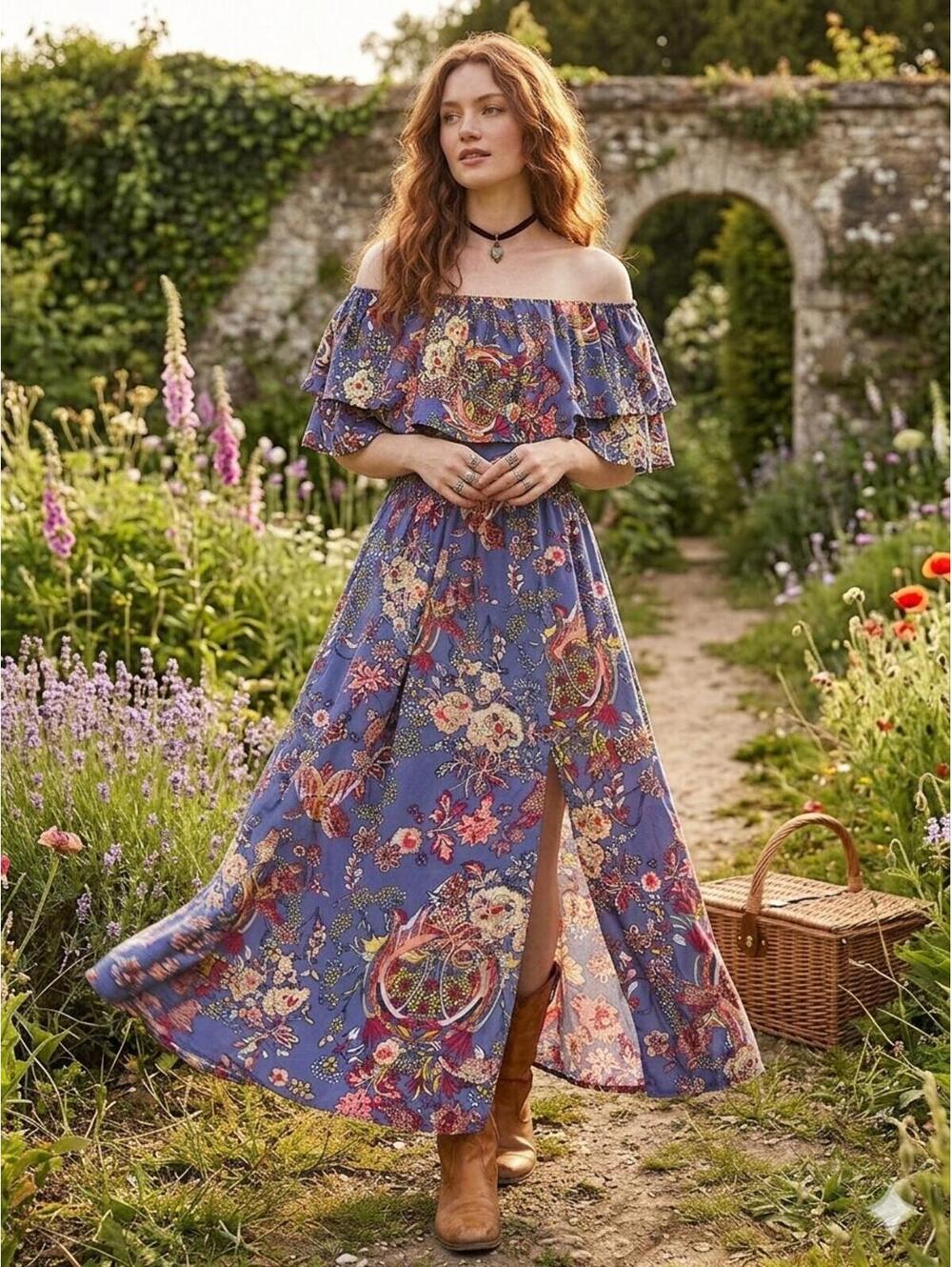 The Pyramid Collection Floral Maxi Skirt Large Boho Periwinkle Blue Cottage NWOT